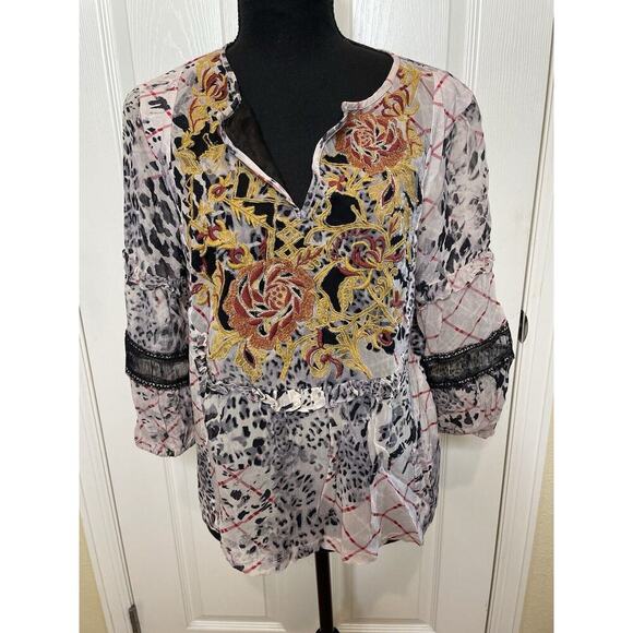 By Anthropologie Floral Sheer Embroidery Women’s Blouse Size M Peasant EUC - Picture 1 of 12